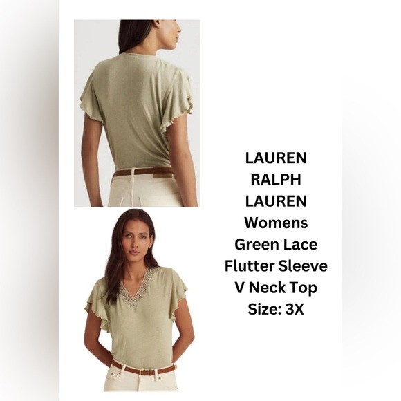 Lauren Ralph Lauren Womens Flutter Sleeve Top, Ranch Sage 3X - Picture 1 of 5